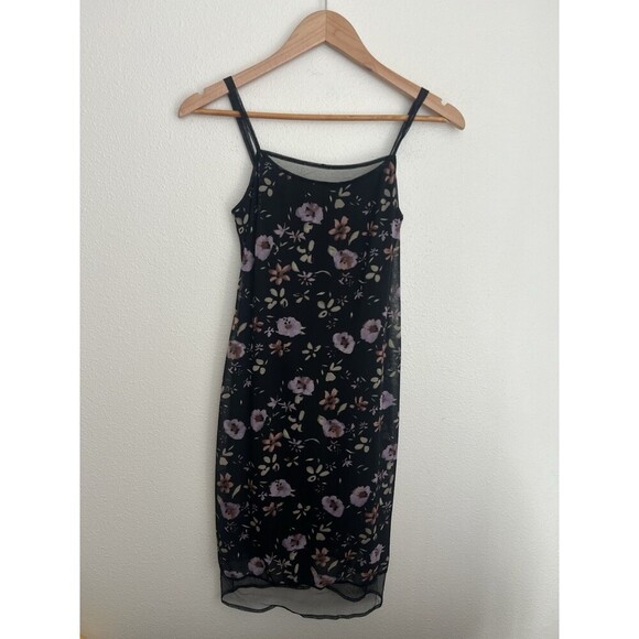 VTG Y2K Floral Slip Dress Dark Coquette Fairy Grunge Sheer Mesh Romantic Size 2 - Picture 1 of 10